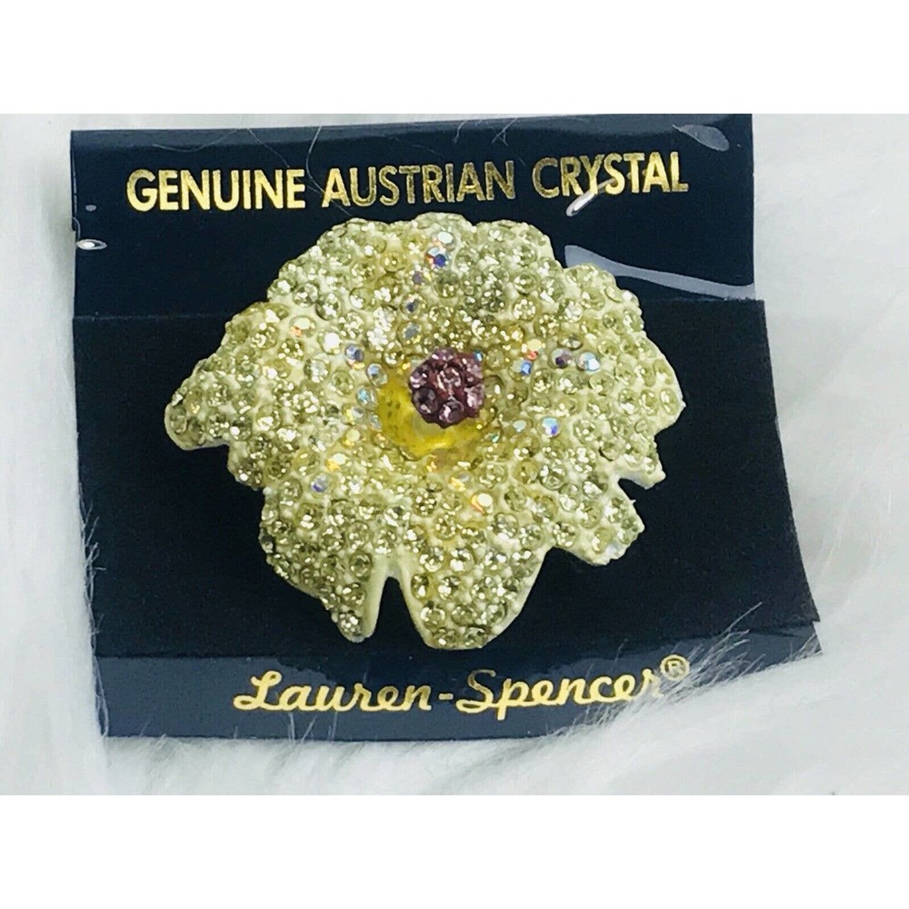 VINTAGE Yellow IRIS Flower Pin Brooch Austrian Crystals Lauren Spencer NEW